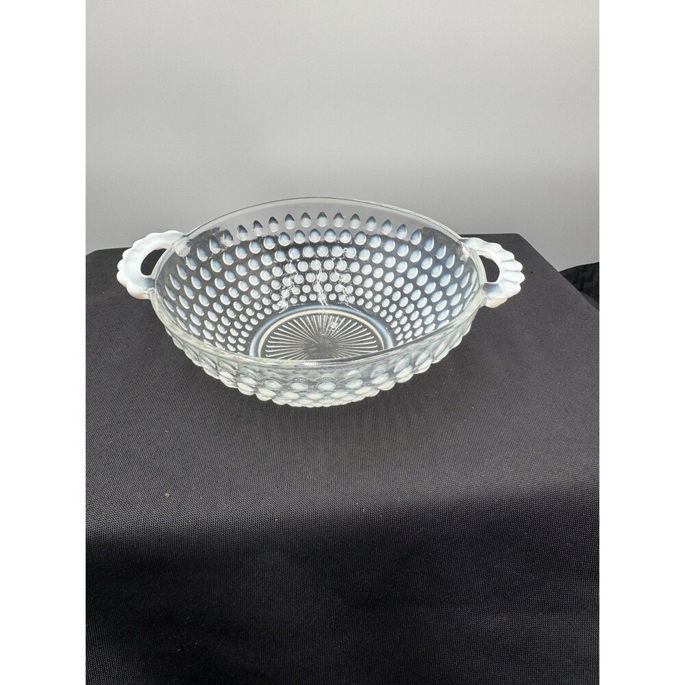 Vintage FENTON Art Glass Blue Tint Opalescent Hobnail Round Bowl With Handles